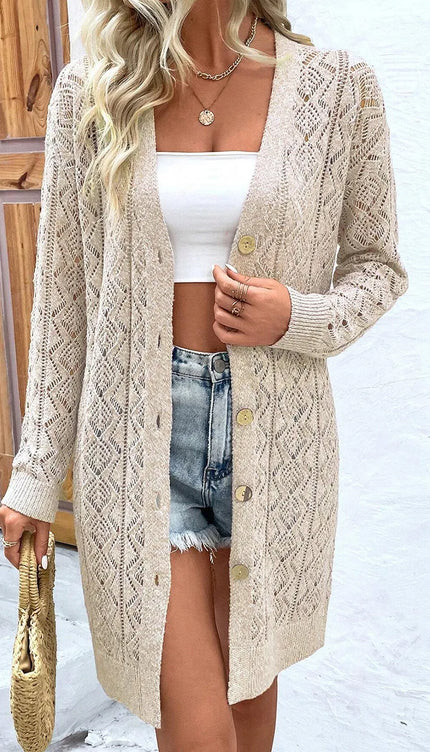 Modish Openwork Button Down Long Sleeve Cardigan