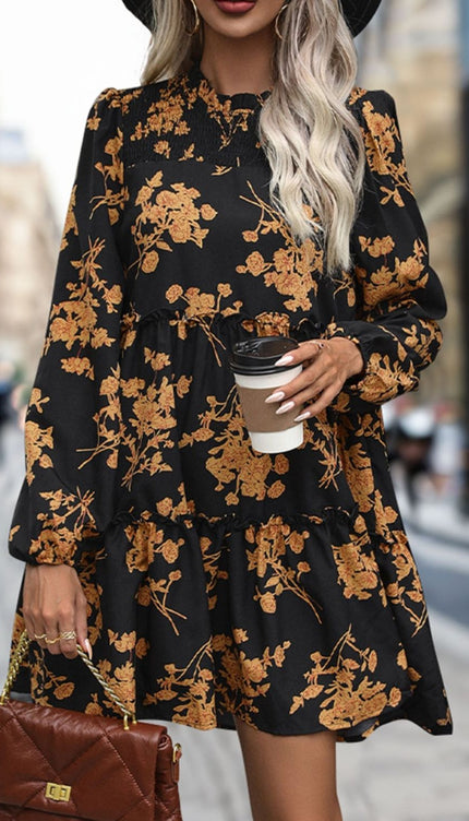 Frill Printed Long Sleeve Mini Dress