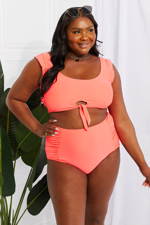 Marina West Swim Sanibel Crop Swim Top and Ruched Bottoms Set in Coral-Modish