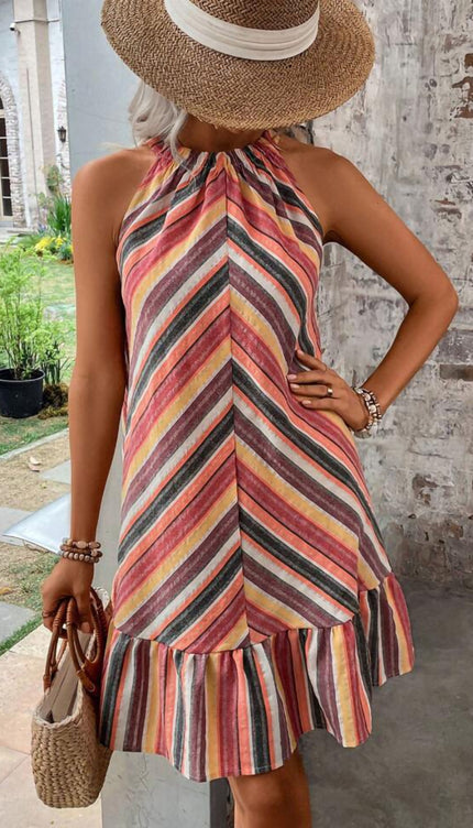 Modish Rustic Chic Striped Grecian Neck Dress