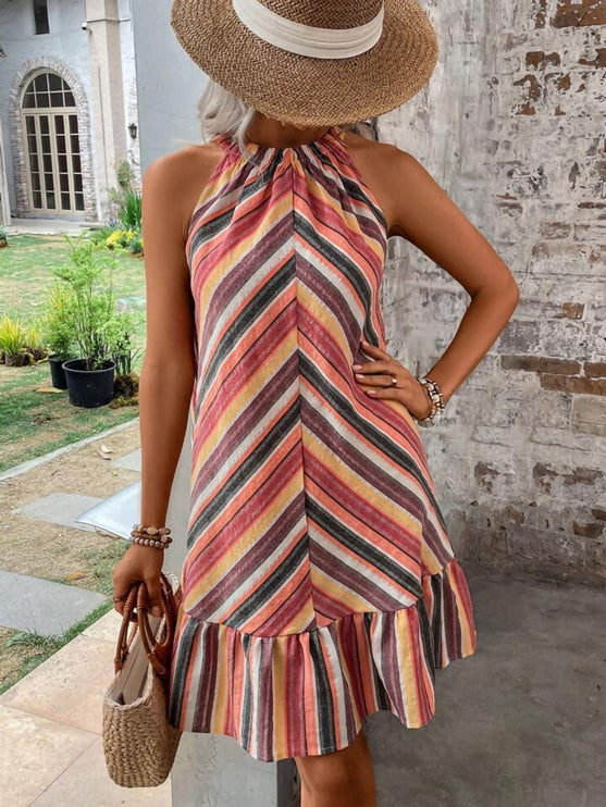 Modish Rustic Chic Striped Grecian Neck Dress