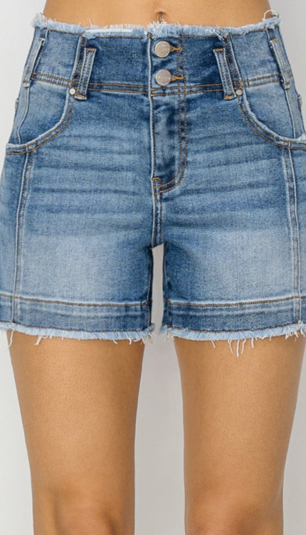 RISEN High Rise Seam Detailed Raw Edge Denim Shorts