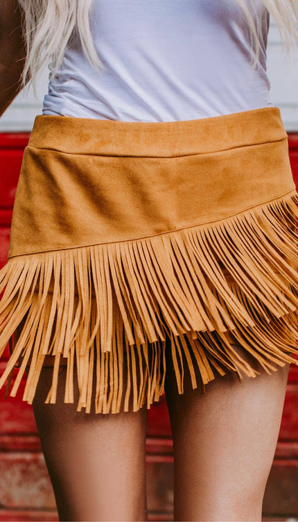 Holy Cow Vegan Suede Fringe Front Shorts - Mustard