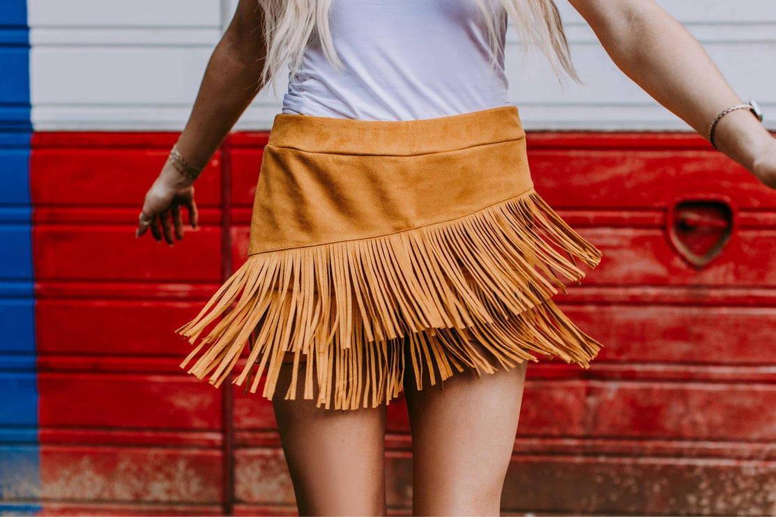 Holy Cow Vegan Suede Fringe Front Shorts - Mustard