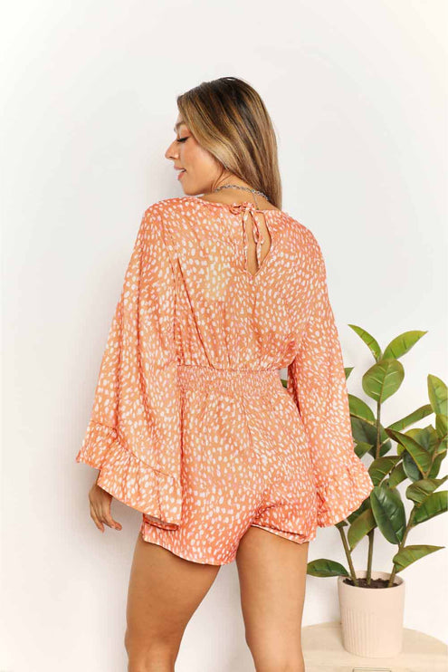 Double Take - Double Take Printed Flare Sleeve Surplice Romper