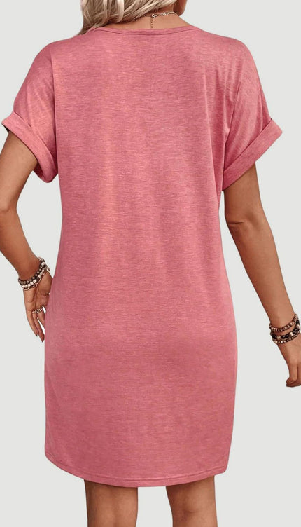 Modish - Quarter Button V-Neck Short Sleeve Dress