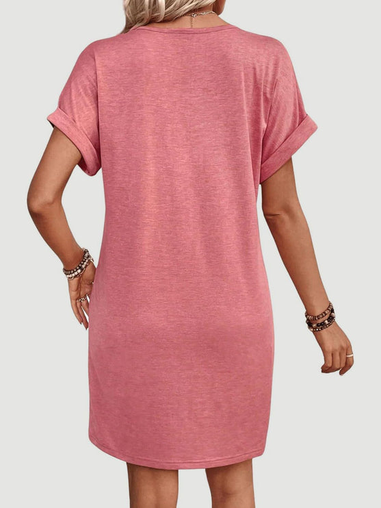 Modish - Quarter Button V-Neck Short Sleeve Dress