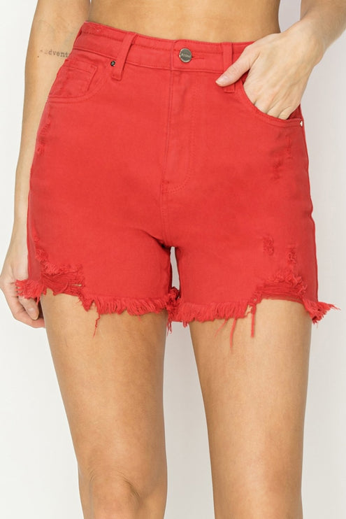 RISEN High Rise Distressed Denim Shorts-Modish