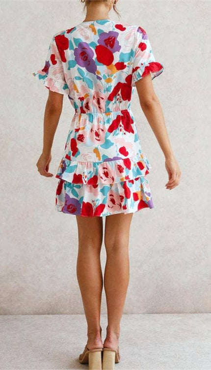 Summer Bow Short Sleeve Floral Print Babydoll Dress