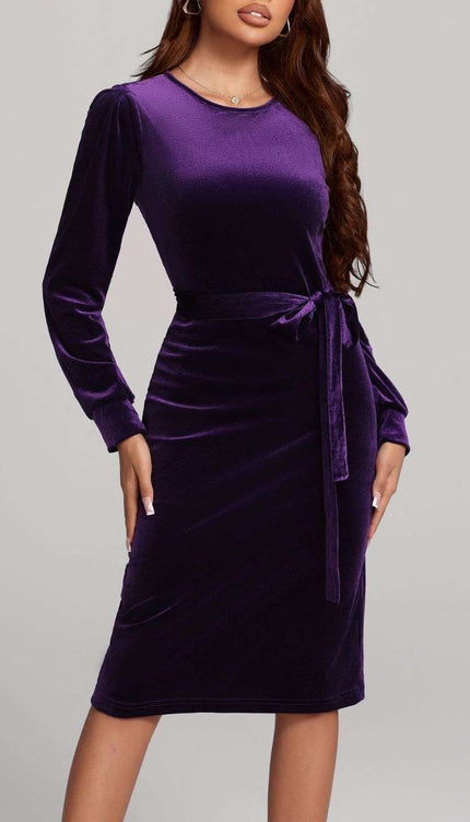 Round Neck Tie Waist Long Sleeve Velvet Dress