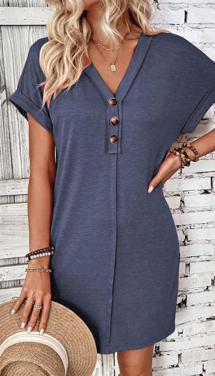 Modish - Quarter Button V-Neck Short Sleeve Dress