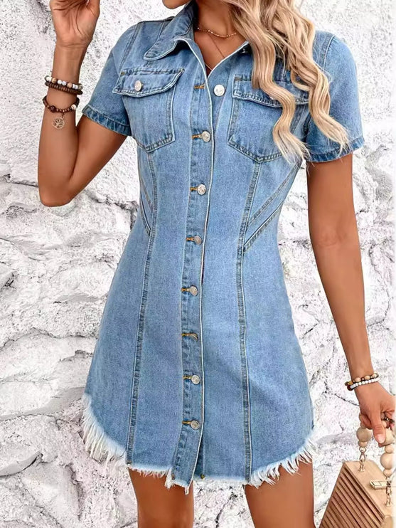 Modish - Modish Rustic Chic Raw Hem Button Up Denim Dress