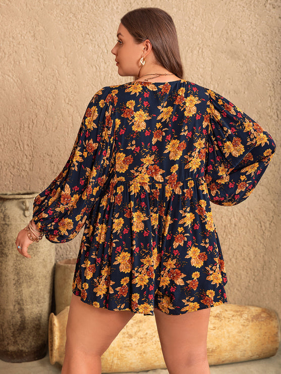 Modish Rustic Chic Plus Size Floral Tie Neck Balloon Sleeve Romper