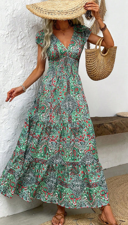 Modish Rustic Chic Smocked Print Midi Dress