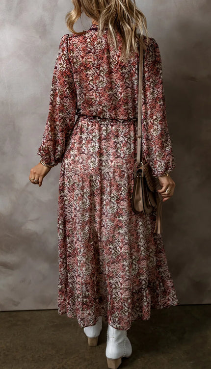 Modish Print V-Neck Long Sleeve Midi Dress