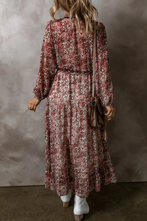 Modish Print V-Neck Long Sleeve Midi Dress