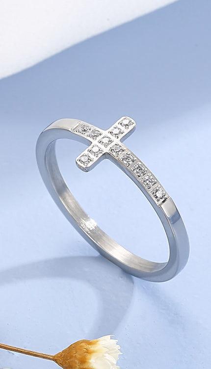 Inlaid Zircon Stainless Steel Cross Ring