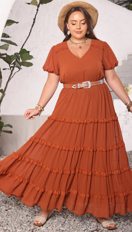 Modish Plus Size Ruched Lace Detail V-Neck Short Sleeve Dress