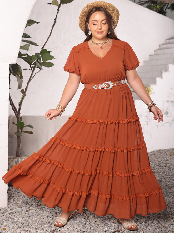 Modish Plus Size Ruched Lace Detail V-Neck Short Sleeve Dress