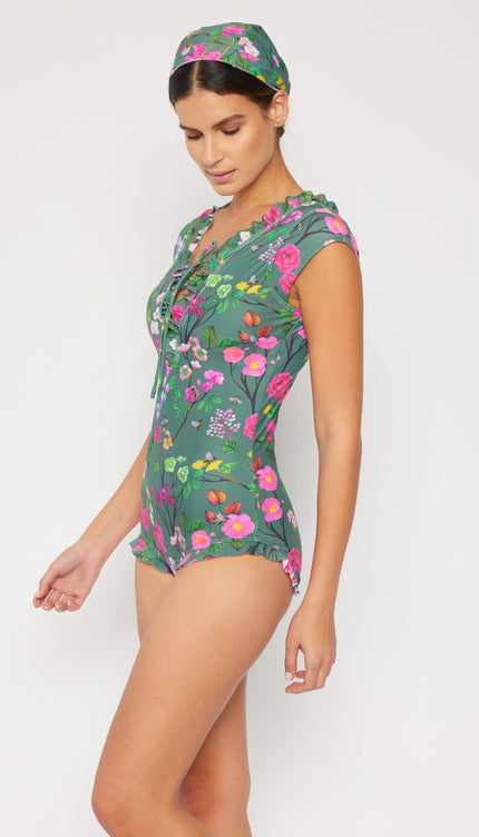 Marina West Swim Bring Me Flowers V-Neck One Piece Swimsuit In Sage-Modish