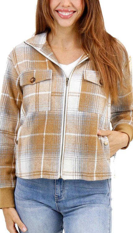 Flannel Plaid Jacket in Camel-Ivory