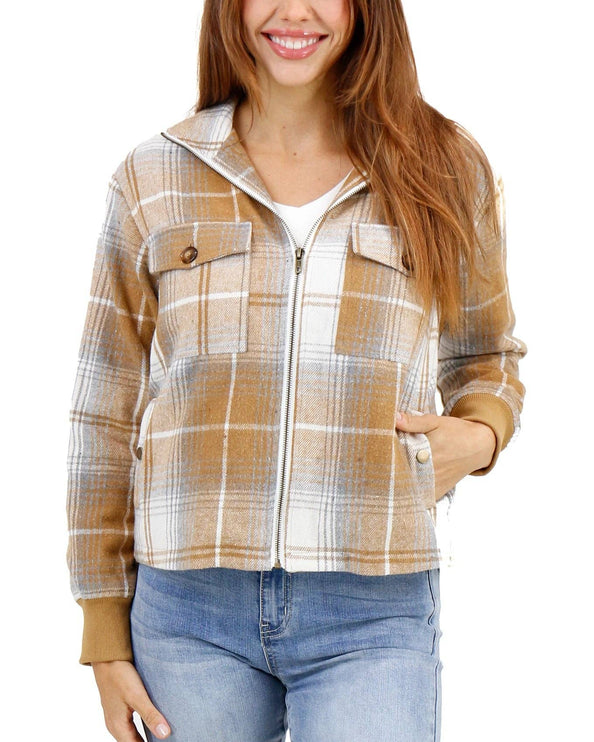 Flannel Plaid Jacket in Camel-Ivory