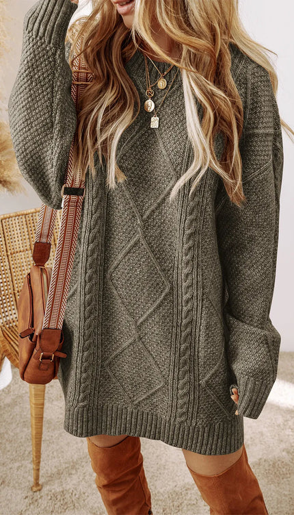 Cable-Knit Round Neck Sweater Dress