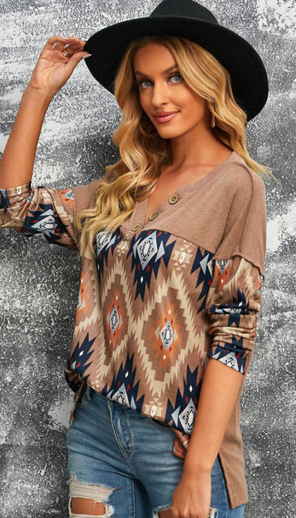 Brown Western Geo Print Buttoned V Neck Top