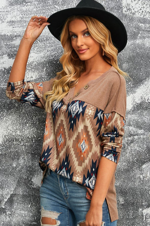 Brown Western Geo Print Buttoned V Neck Top