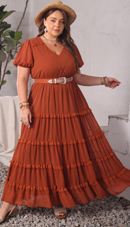 Modish Plus Size Ruched Lace Detail V-Neck Short Sleeve Dress