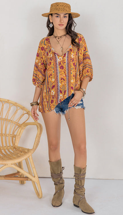 Modish Rustic Chic Print Tie Neck Blouse