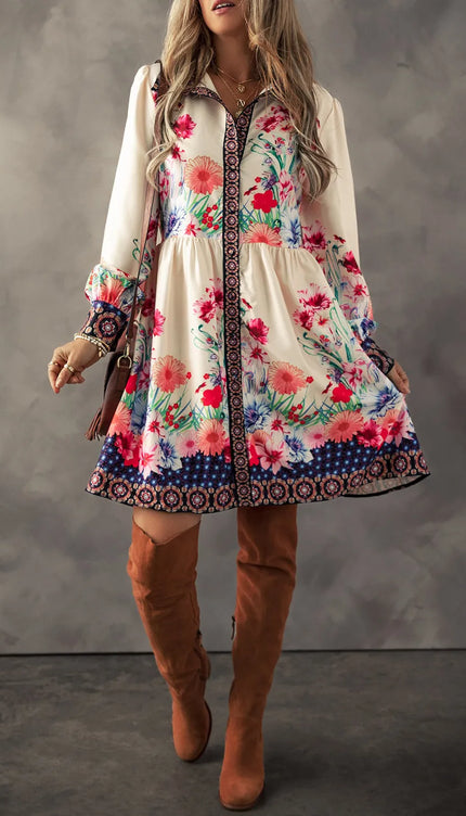 Flower Button Down Lantern Sleeve Dress