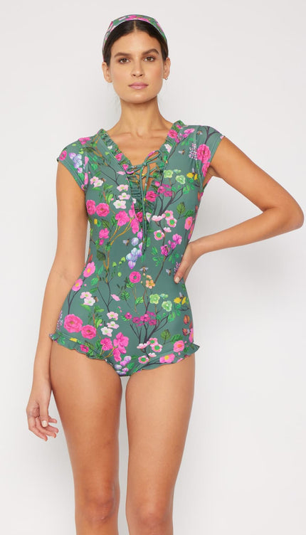 Marina West Swim Bring Me Flowers V-Neck One Piece Swimsuit In Sage-Modish