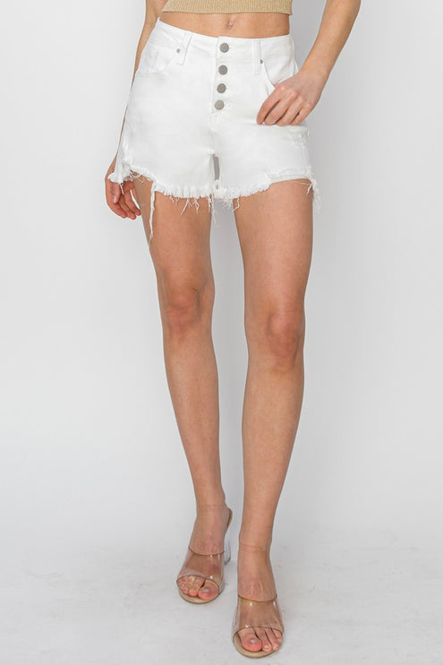 RISEN Button Fly Frayed Hem Denim Shorts-Modish