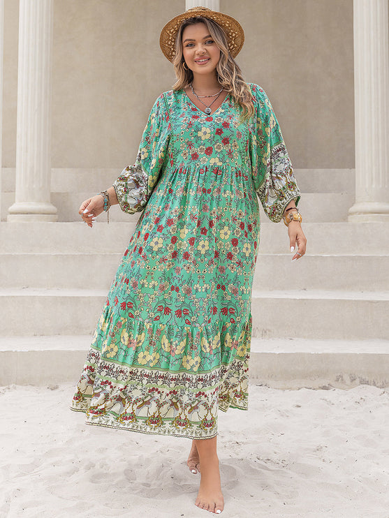 Modish Rustic Chic Plus Size Floral V-Neck Midi Dress