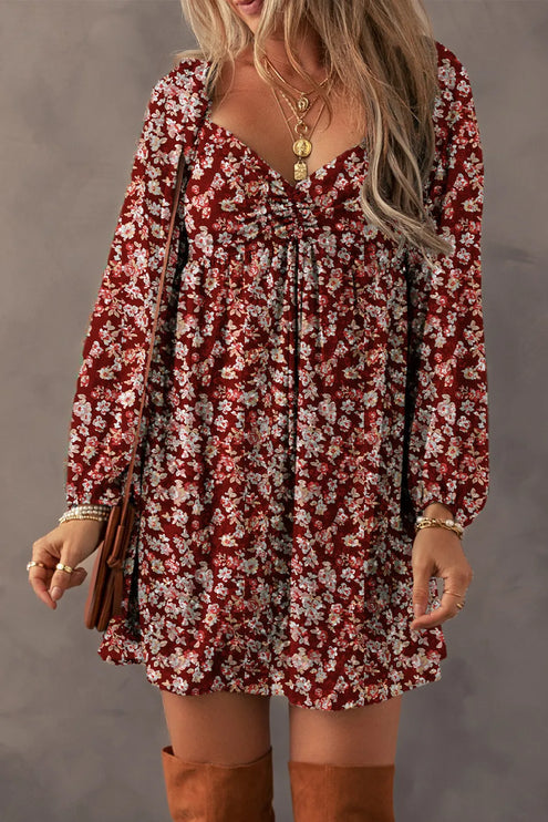 Ruched Printed Long Sleeve Mini Dress