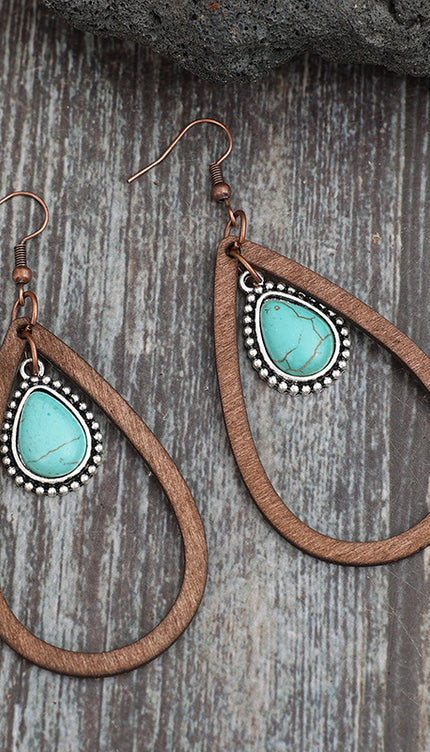 Wooden Turquoise Cutout Teardrop Earrings