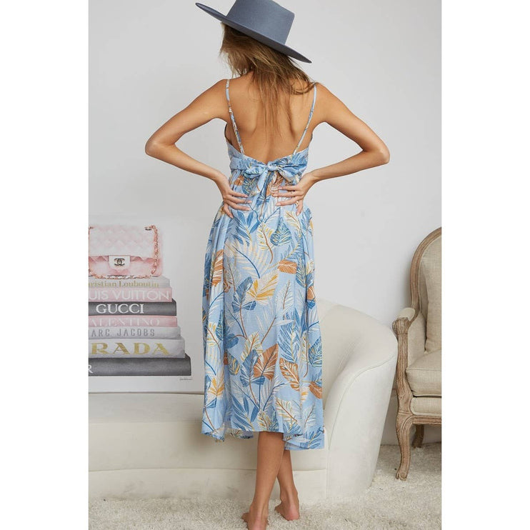 OPEN BACK WITH TIE TROPICAL PRINT DRESS