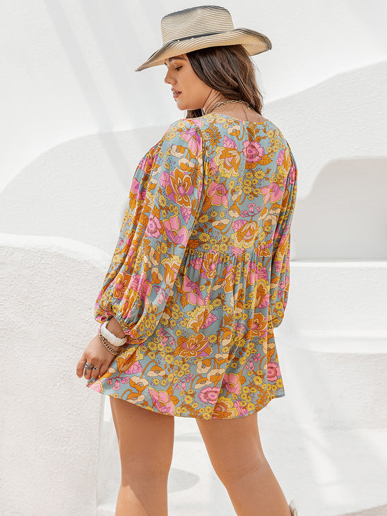 Modish Rustic Chic Plus Size Floral Tie Neck Balloon Sleeve Romper