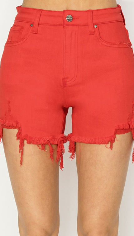 RISEN High Rise Distressed Denim Shorts-Modish