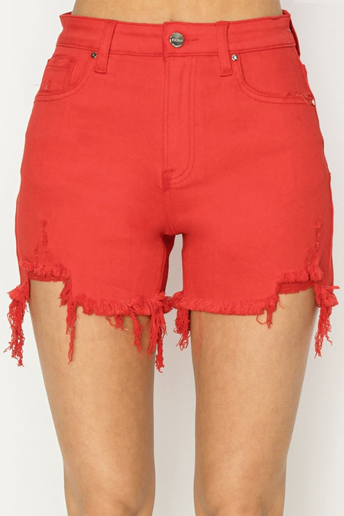 RISEN High Rise Distressed Denim Shorts-Modish