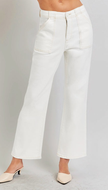 RISEN High Rise Ankle Flare Jeans with Patch Pockets