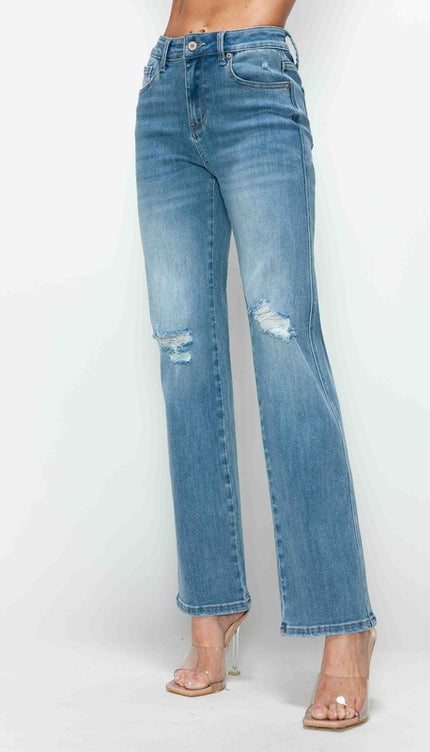 bytos Full Size Distressed High Rise Straight Jeans