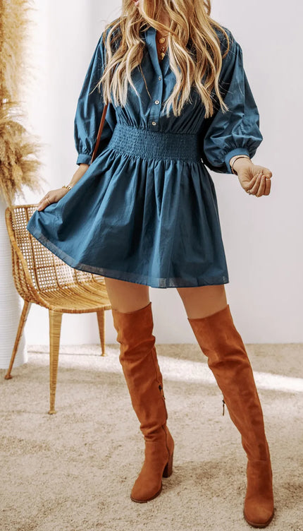 Smocked Half Button Three-Quarter Sleeve Mini Dress