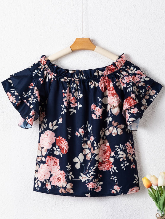 Modish Print Off-Shoulder Flounce Sleeve Blouse