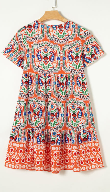 Modish Rustic Chic Print Tie Neck Short Sleeve Dress