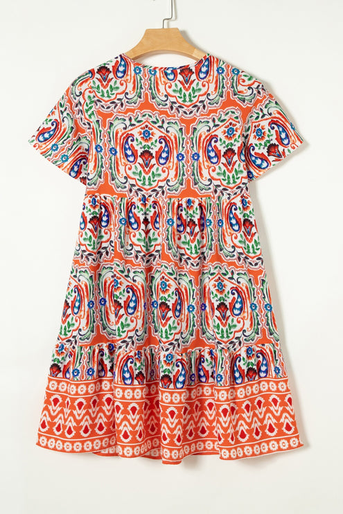 Modish Rustic Chic Print Tie Neck Short Sleeve Dress