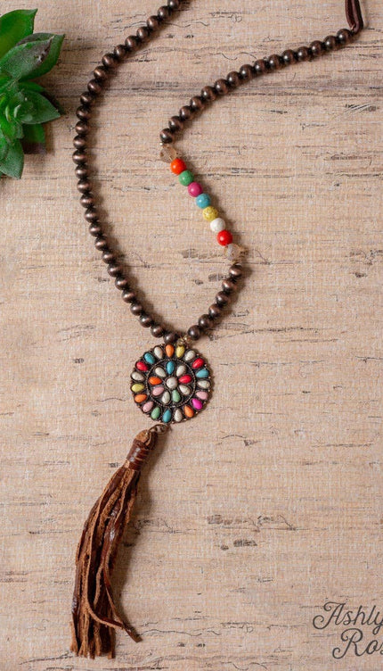 WILD WILD WEST RAINBOW SQUASH BLOSSOM TASSEL PENDANT ON A COPPER NAVAJO PEARL NECKLACE