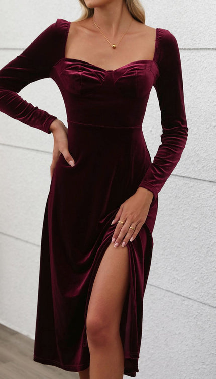 Perfee Sweetheart Neck Long Sleeve Midi Dress