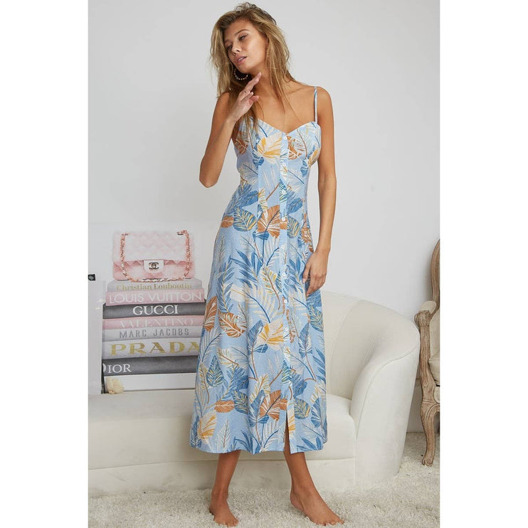 OPEN BACK WITH TIE TROPICAL PRINT DRESS